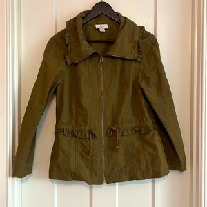 Loft MP Nylon Jacket with Ruffle trim. Army Green/Olive Color.